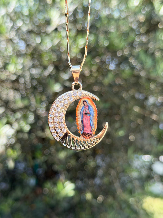 Crystal Moon Virgen Mary Necklace