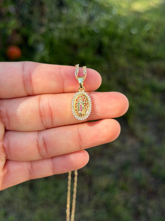 Dainty Oval Gem Virgencita Necklace